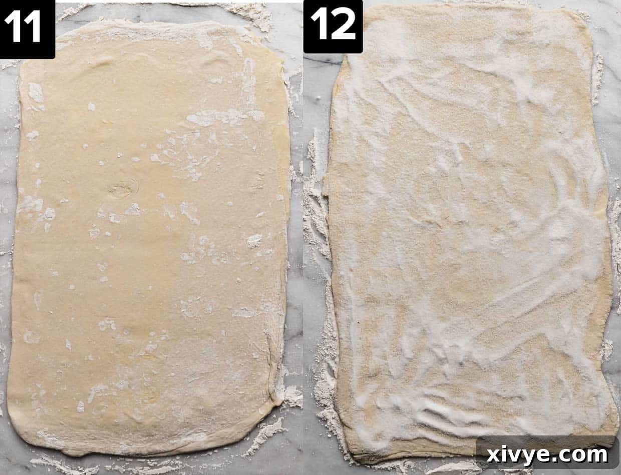 Two images, left image is Kouign-Amann pastry dough rolled into a rectangle. Right image is Kouign-Amann dough rolled into a rectangle and sprinkled with granulated sugar.