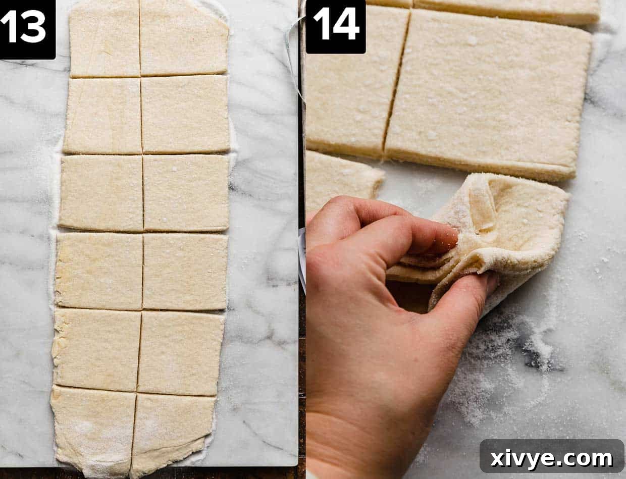 Two images side by side, left image is Kouign-Amann dough cut into 12 square; right image is a hand pulling the corners of one Kouign-Amann square towards the center.