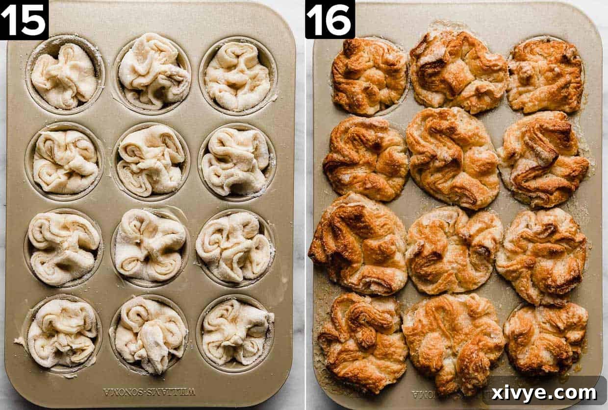 Two images: left photo is a muffin pan filled with unbaked Kouign-Amann in each well, right image is golden baked Kouign-Amann in a muffin pan.