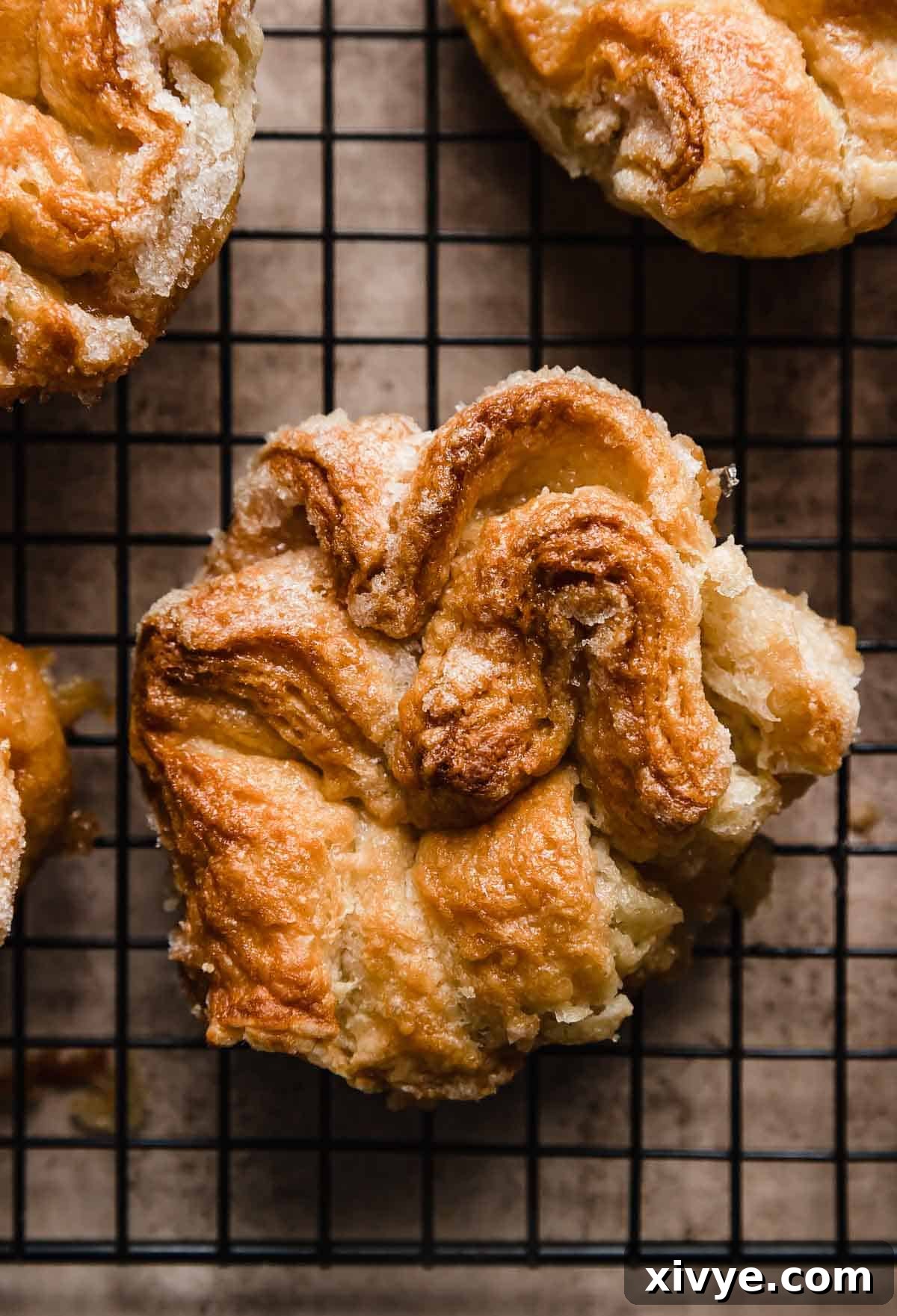 Overhead phot of Kouign-Amann on a black cooling rack.