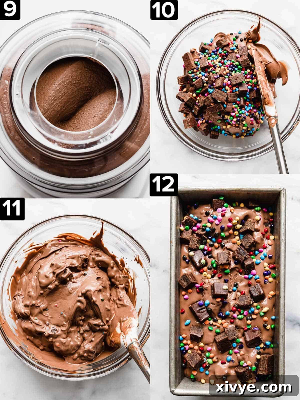 Stardust Brownie Galaxy 6 Four images showing how to make Cosmic Brownie Ice Cream.