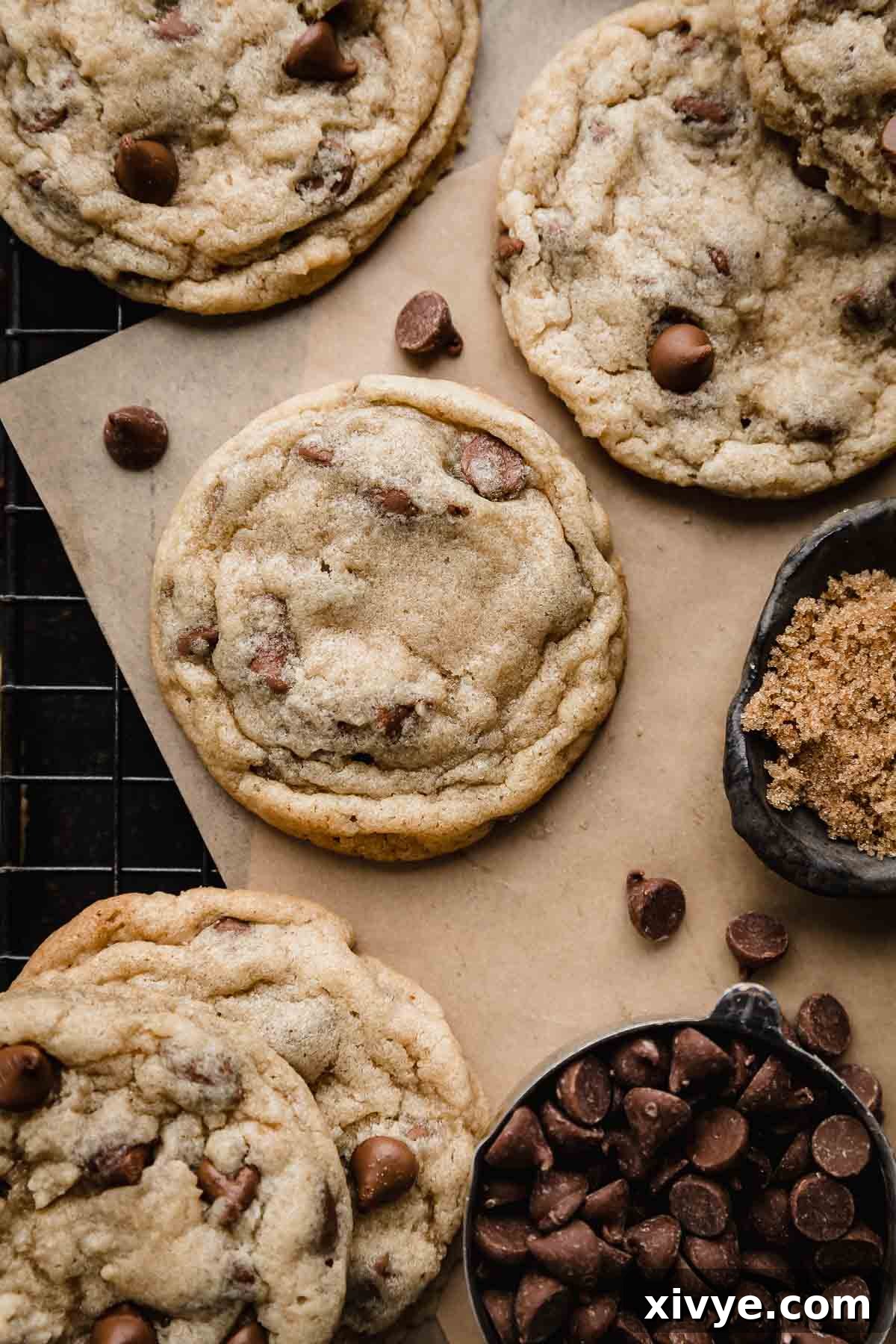 Homemade Milk Chocolate Chip Perfection 8 A single, perfectly baked Milk Chocolate Chip Cookie resting on Kraft parchment paper, surrounded by scattered milk chocolate chips and a small bowl of brown sugar.