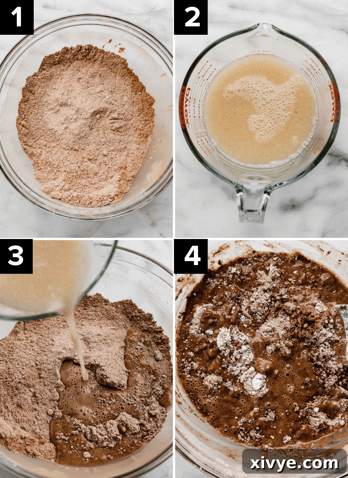Four images showing how to make chocolate cupcake batter to make Reese's cupcakes.