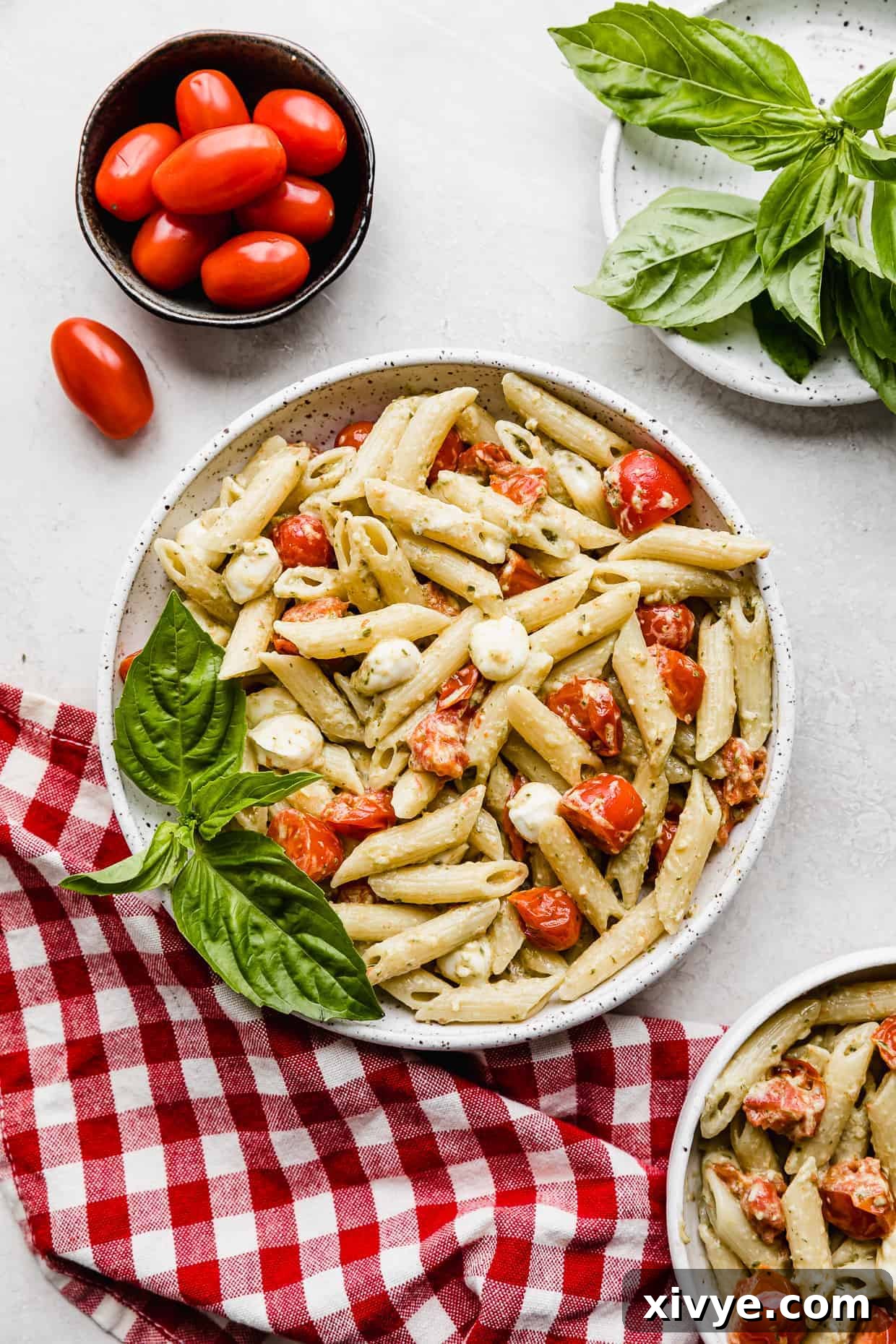 A plate with Pesto Pasta with Tomatoes and mozzarella pearls. 