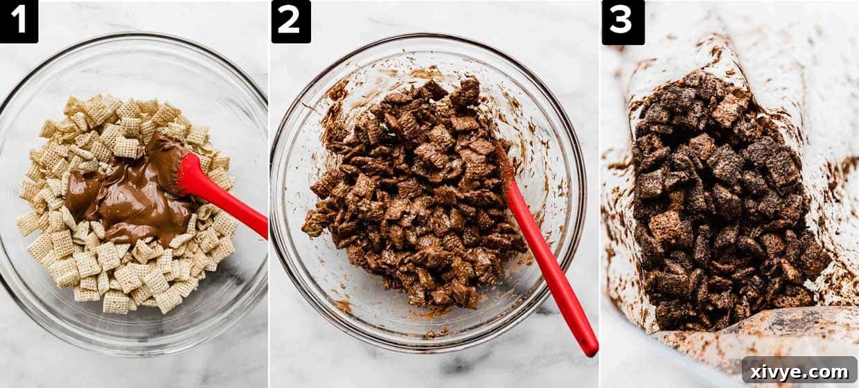 Three images showing how to make cookies and cream muddy buddies, left image is Chex cereal with melted chocolate on top, middle image is Chex cereal covered in brown chocolate, right image is Oreo crumb covered Chex cereal.