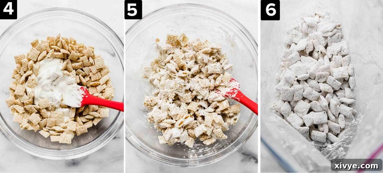 Left image is Rice Chex with melted white chocolate plopped in center, middle image is white chocolate covered Chex cereal in a glass bowl, right image is powdered sugar covered Rice Chex cereal in a bag.