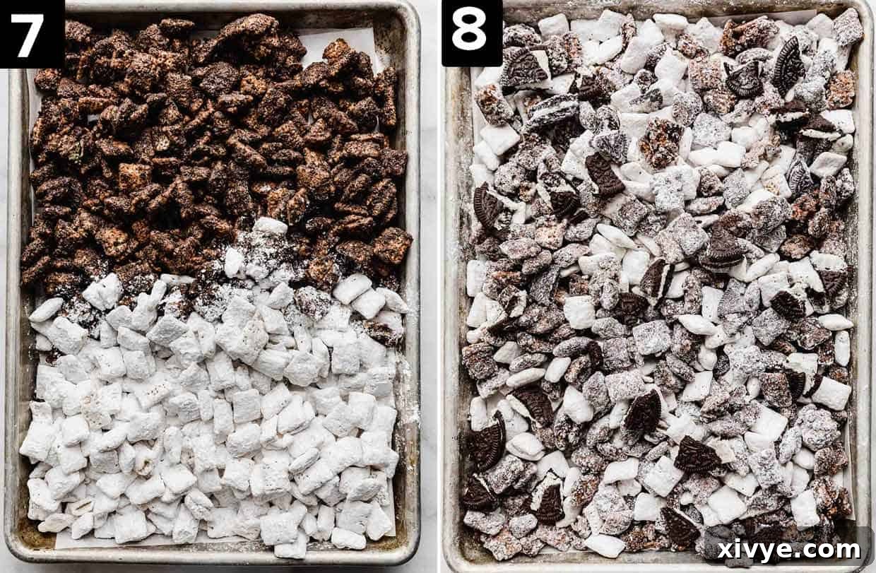 Two images, left image has Oreo covered Chex cereal on top half of a baking sheet and white covered Chex cereal on bottom half of the baking sheet; right image is Oreo Muddy Buddies tossed with chopped Oreos on a baking sheet.