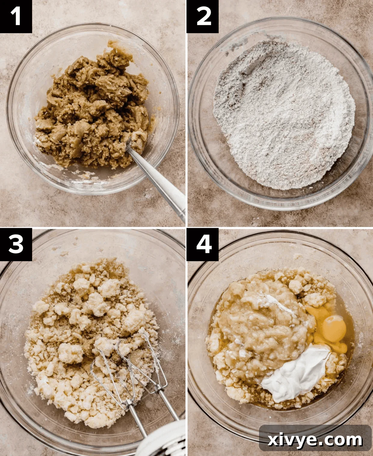 Four images showing how to make Banana Coffee Cake, top left is brown streusel mixture in glass bowl, top right is white flour and dry ingredients in glass bowl, bottom left photo is butter and sugar creamed in glass bowl, bottom right photo is mashed bananas, eggs, and oil in glass bowl.