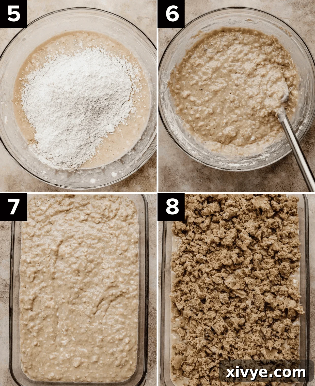 Four images showing how to make Banana Coffee Cake, top left image is banana coffee cake batter topped with flour, top right is Banana Coffee Cake batter in glass bowl, bottom left photo is banana coffee cake batter in rectangle pan, bottom right photo is Banana Coffee Cake topped with streusel topping.