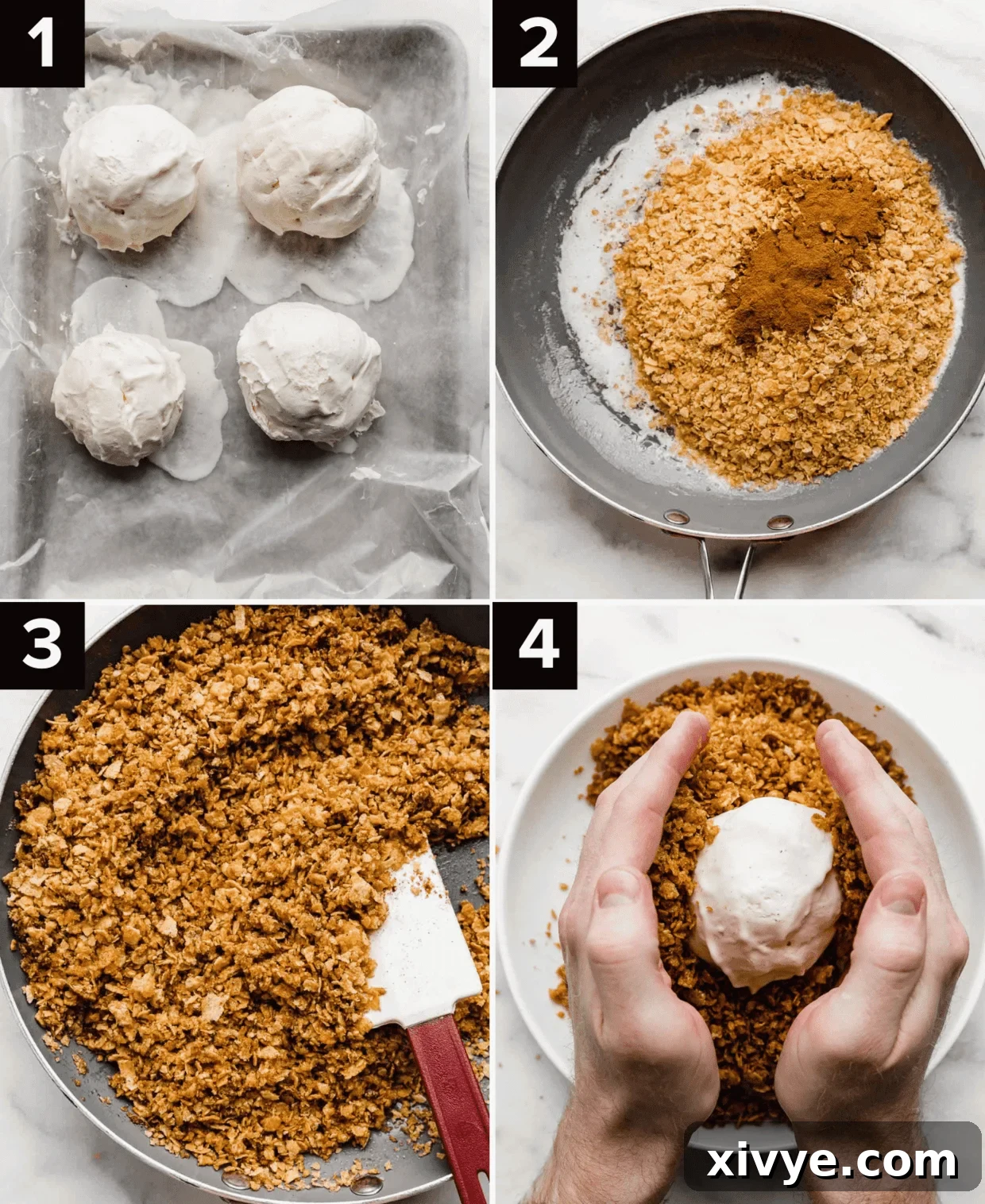 Golden Frost 4 Four images showing how to make fried ice cream without frying it in oil; top left photo is 4 ice cream balls on baking sheet, top right is cornflakes in a skillet, bottom left is a cinnamon cornflake mixture, bottom right photo is hands pressing cornflake mixture against frozen ice cream ball.