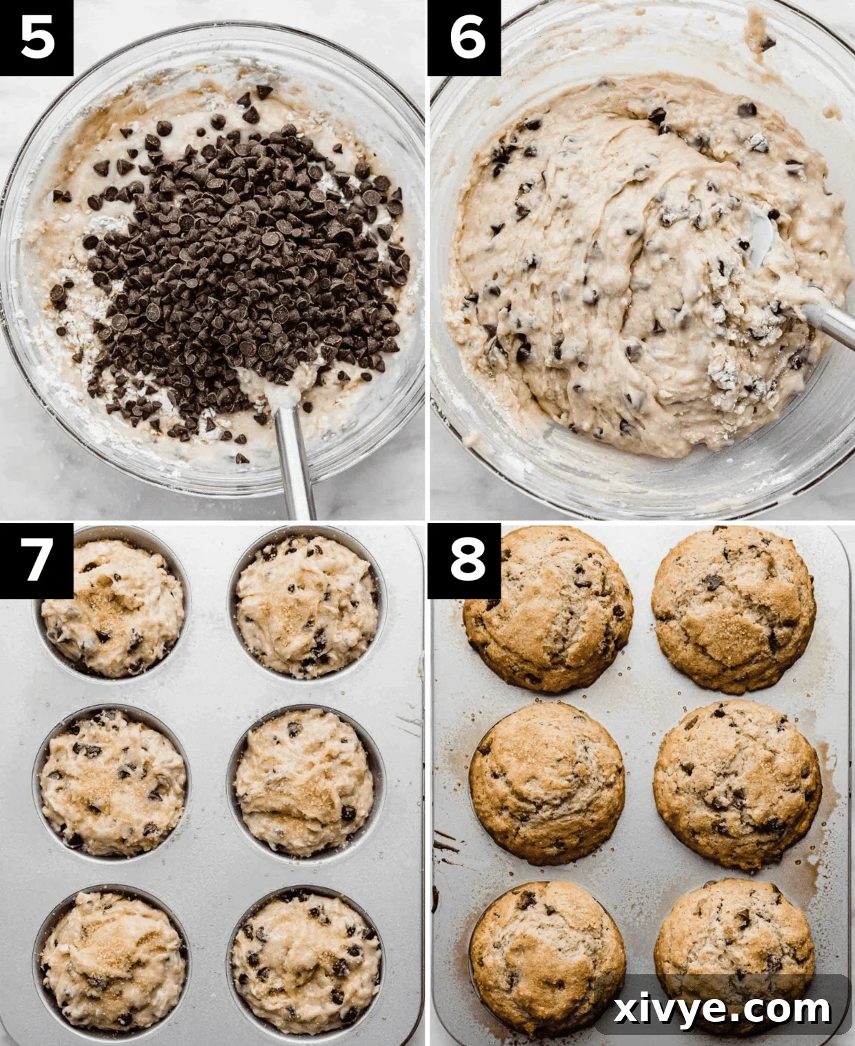 Four images, showing different stages of muffin preparation: chocolate chips over batter, mixed batter in a bowl, unbaked muffins, and baked muffins in a jumbo muffin tin.