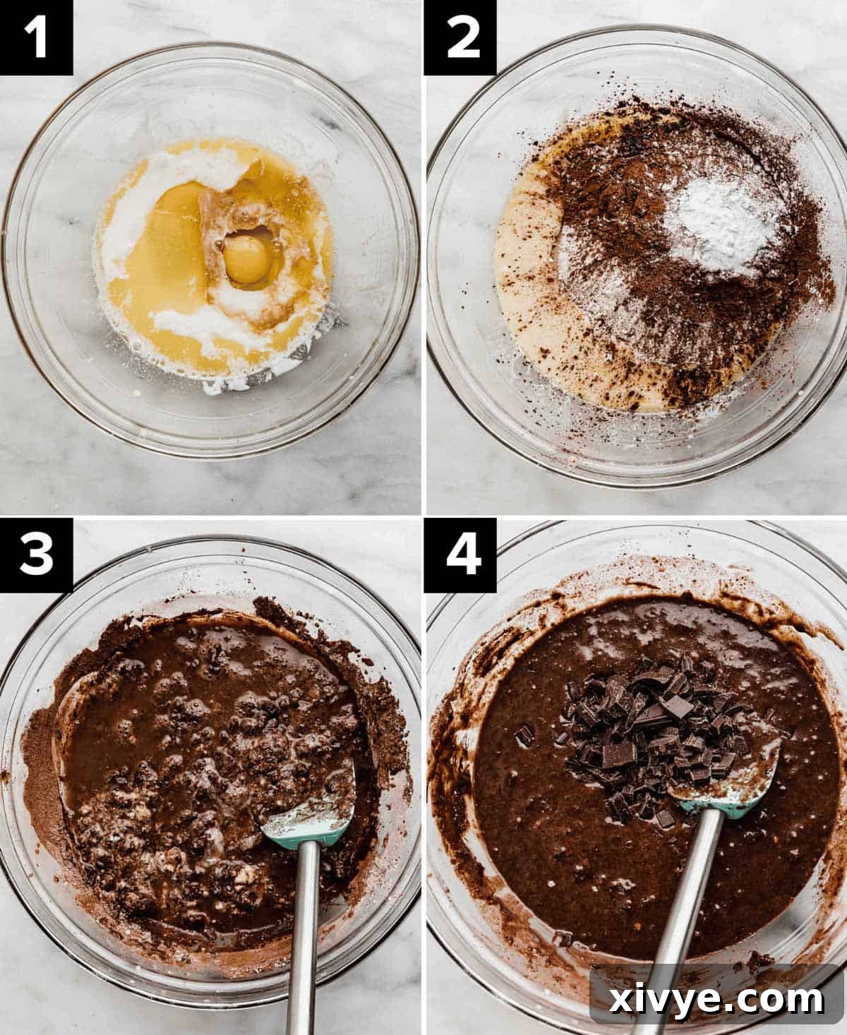 Heavenly Chocolate Tres Leches Cake 4 Four images showing how to make Chocolate Tres Leches cake batter using a glass bowl on a white marble background: wet ingredients, dry ingredients, and then the mixing of the brown batter.