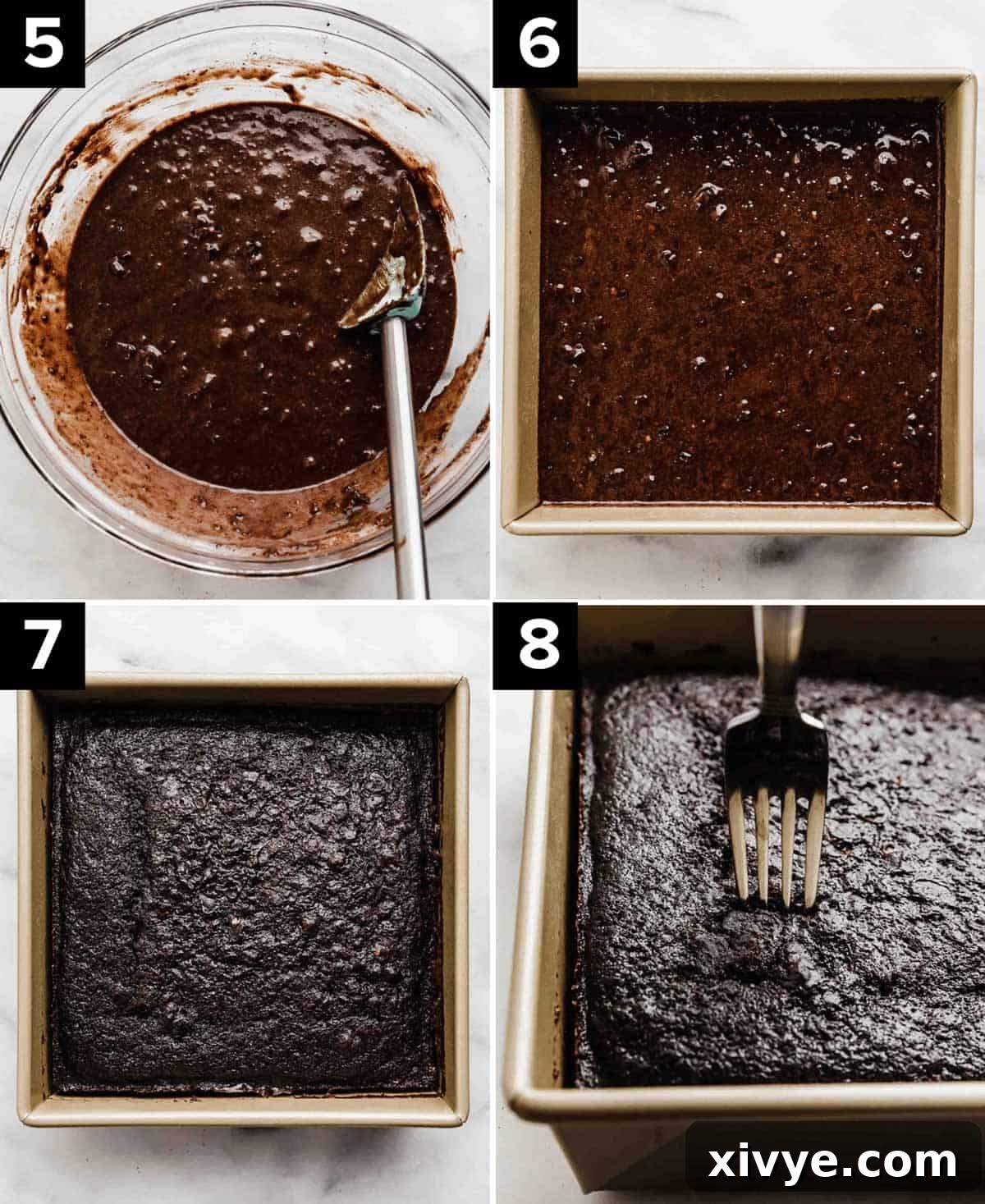Heavenly Chocolate Tres Leches Cake 5 Four images showing how to make Chocolate Tres Leches Cake: top left image is chocolate batter in glass bowl, top right image is square pan filled with brown cake batter, bottom left photo is baked Chocolate Tres Leches Cake in square pan, bottom right photo is a fork piercing into a Chocolate Tres Leches Cake.