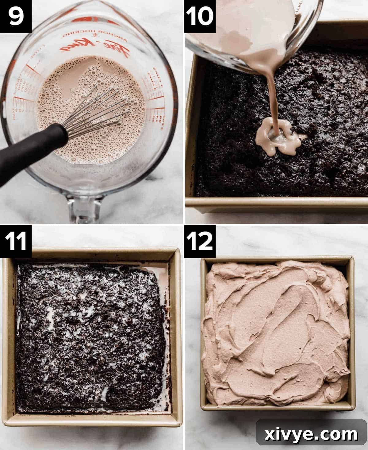 Heavenly Chocolate Tres Leches Cake 6 Four images showing the process of how to make Chocolate Tres Leches Cake, top left photo is light brown liquid in measuring cup, top right the liquid mixture is being poured over chocolate cake, bottom left is 3 milk chocolate cake in square pan, bottom right photo is chocolate whipped cream topped Chocolate Tres Leches Cake.