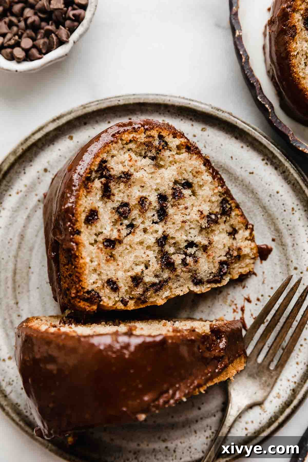 Decadent Chocolate Chip Crown Cake 2 A slice of chocolate ganache covered Chocolate Chip Bundt Cake on a gray plate.