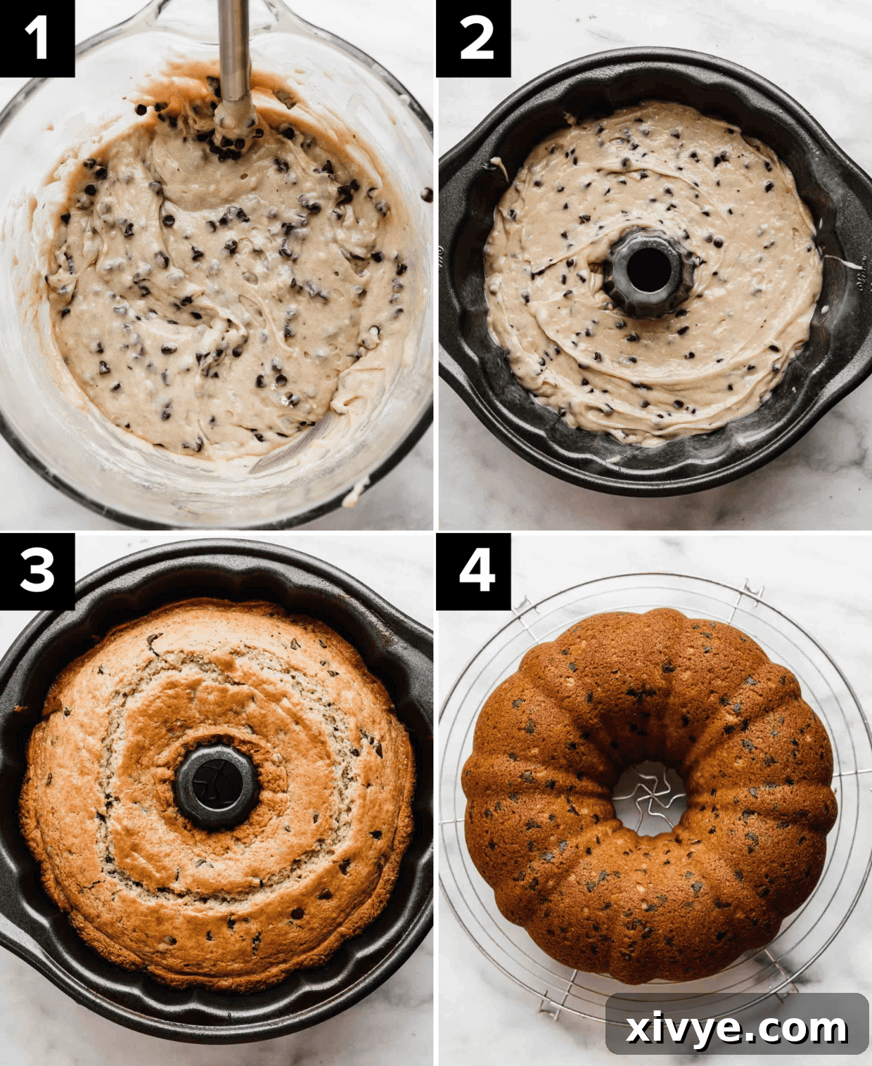 Decadent Chocolate Chip Crown Cake 4 Four images showing Chocolate Chip Bundt Cake batter in a bowl, then a bundt pan, and then the Chocolate Chip Bundt Cake fully baked.