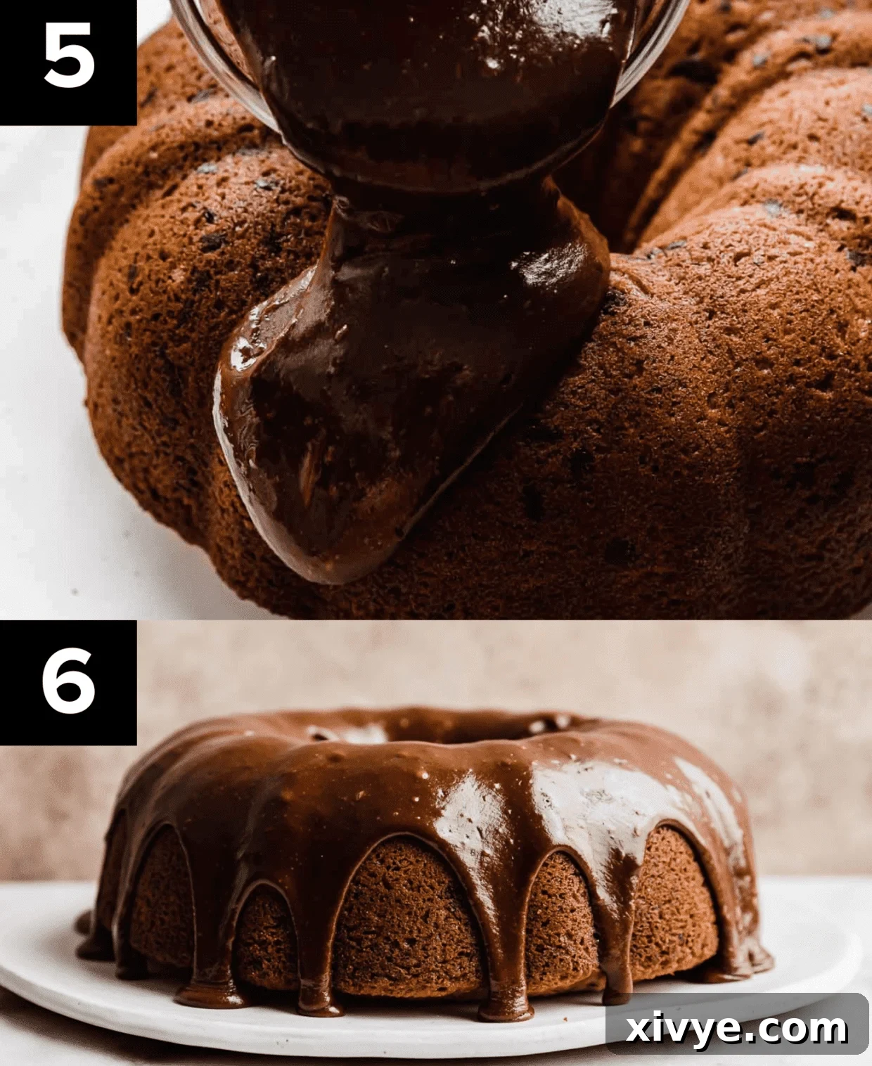 Decadent Chocolate Chip Crown Cake 5 Two images, top image has chocolate ganache pouring overtop a Chocolate Chip Bundt Cake, bottom image is a fully chocolate glazed Chocolate Chip Bundt Cake against a light brown background.