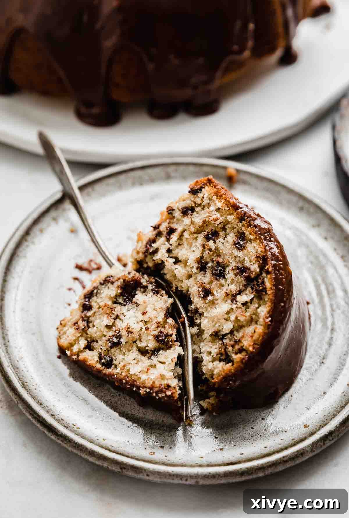 Decadent Chocolate Chip Crown Cake 6 A slice of Chocolate Chip Bundt Cake on a gray plate with a fork cutting into the cake.