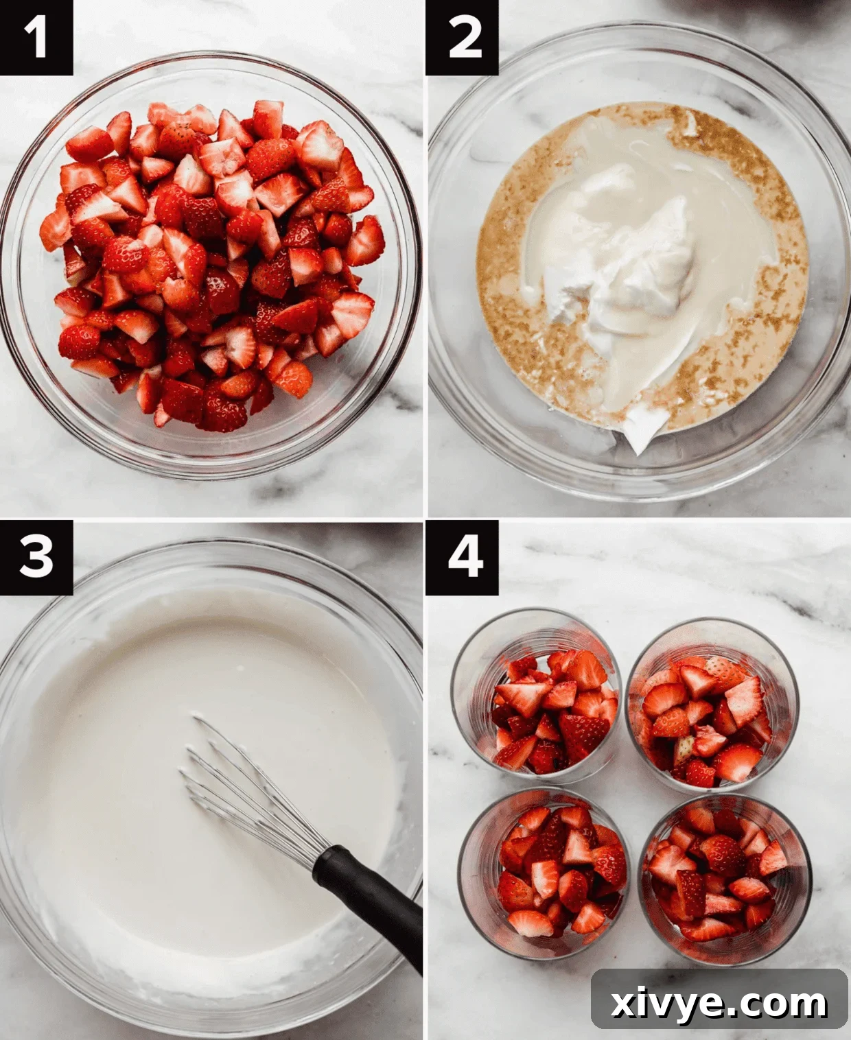 Creamy Strawberry Indulgence 4 Four images showing the process of making ,Strawberries and Cream (Fresas con Crema), top left is diced strawberries in glass bowl, top right is sour cream, and milks and vanilla in bowl, bottom left is whisk in a white liquid mixture, bottom left is four glass cups filled with chopped strawberries.