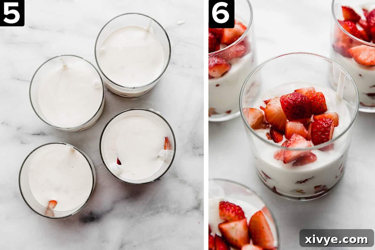 Creamy Strawberry Indulgence 5 Two images side by side, left image is overhead photo of four glass cups filled with white cream liquid, and right photo is diced strawberries atop a cream mixture in a glass cup.