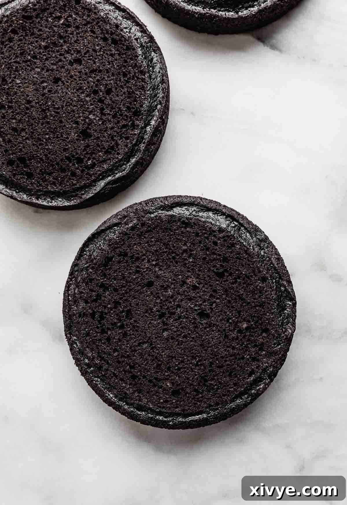Three perfectly baked black cocoa powder cake layers stacked on a white background, ready for frosting.