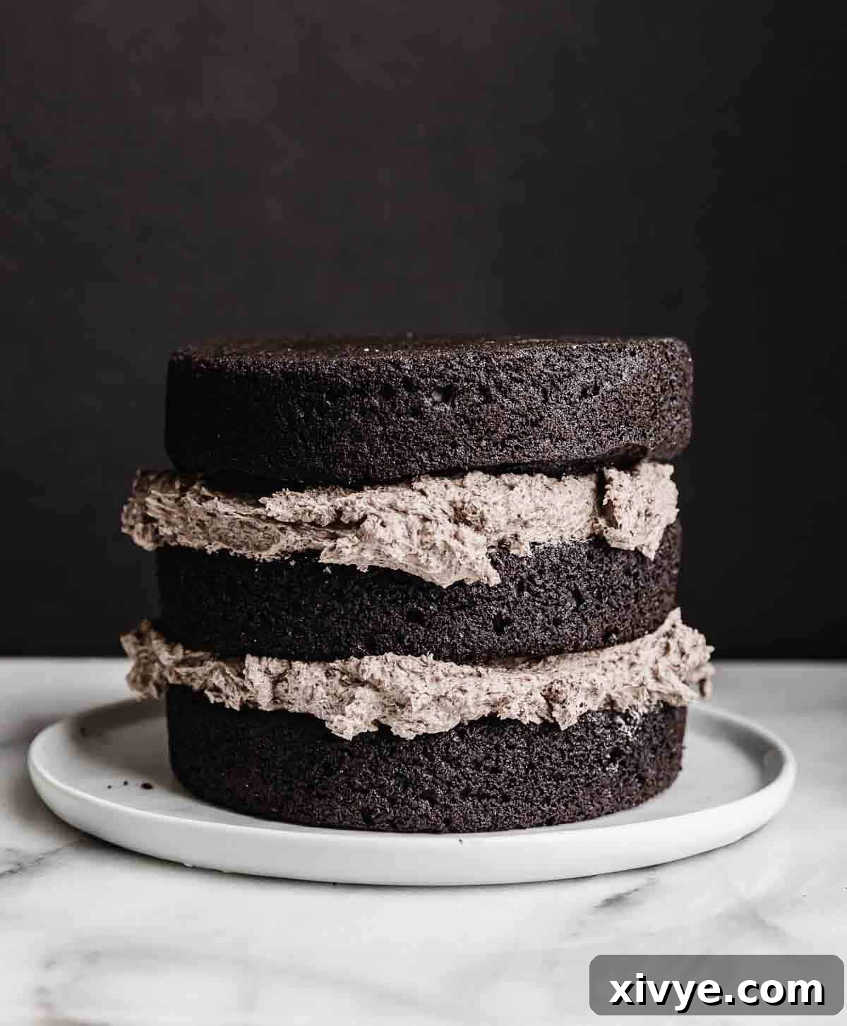 A three-layer black cocoa cake with a generous layer of Oreo frosting between each cake layer, beautifully presented against a white background.