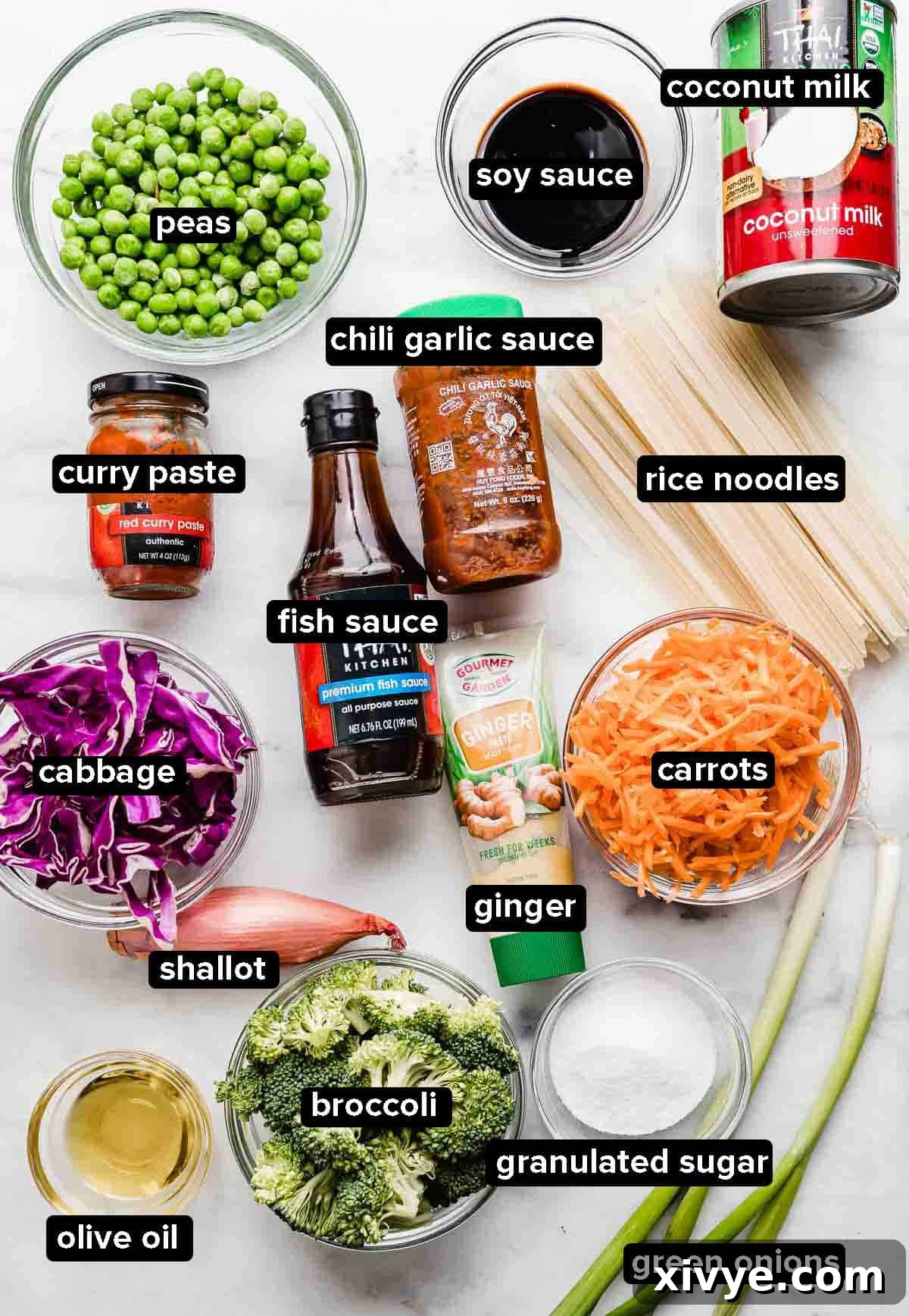 Creamy Coconut Veggie Curry Noodles 3 A curated display of Coconut Curry Noodle Bowls ingredients on a pristine white background, featuring neatly arranged broccoli, uncooked rice noodles, a small jar of curry paste, fresh peas, vibrant carrots, purple cabbage, a bottle of soy sauce, and a can of coconut milk.