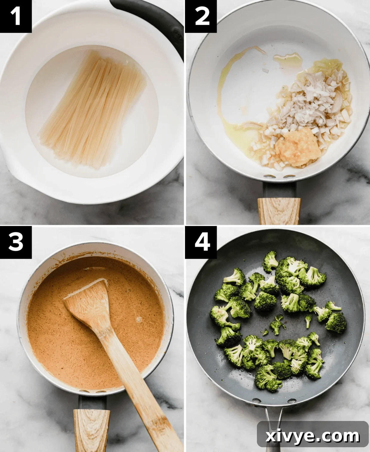Creamy Coconut Veggie Curry Noodles 4 A visual guide showing the progression of making Coconut Curry Noodles. Top left: rehydrating rice noodles in a white bowl. Top right: diced shallot and ginger sautéing in a white pot. Bottom left: the rich coconut curry sauce simmering in a white saucepan. Bottom right: vibrant broccoli florets beginning to cook in a saucepan.