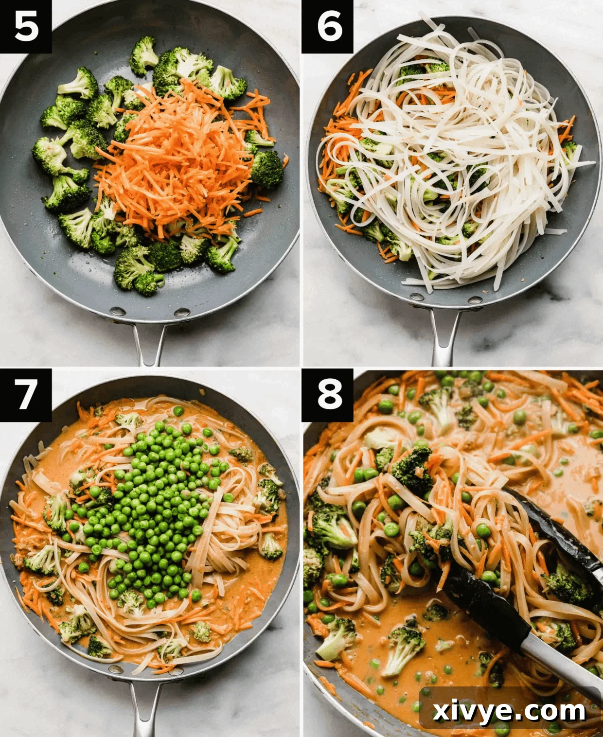 Creamy Coconut Veggie Curry Noodles 5 A series of culinary images illustrating the final steps of preparing Coconut Curry Noodles. Top left: crisp broccoli and vibrant matchstick carrots sautéing in a skillet. Top right: rehydrated rice noodles added to the skillet, ready for sauce. Bottom left: the rich Coconut Curry Noodles coated in sauce within the skillet. Bottom right: tongs delicately holding a perfect portion of Coconut Curry Noodles, showcasing their texture.