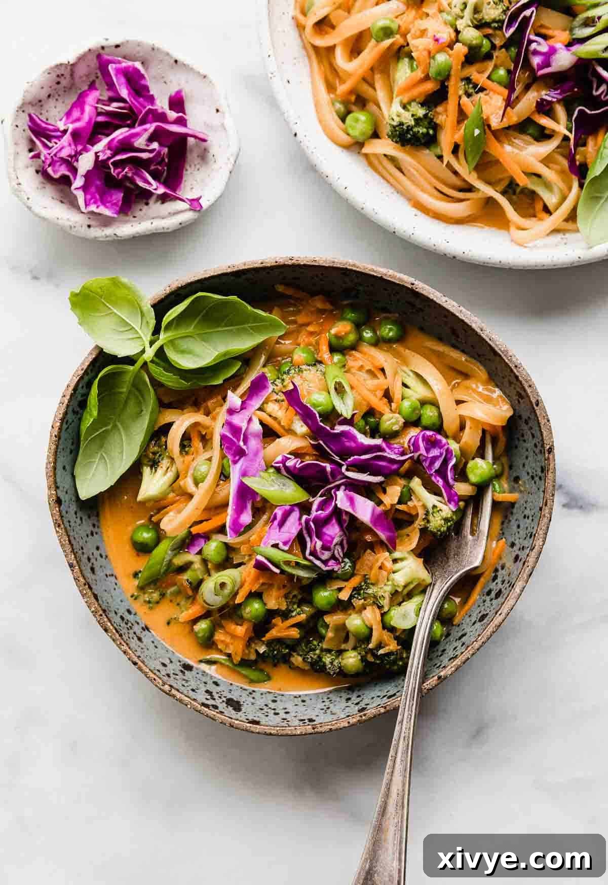 Creamy Coconut Veggie Curry Noodles 6 An inviting overhead photo of a Coconut Curry Noodle bowl, richly adorned with fresh vegetables and topped with vibrant purple cabbage, all presented beautifully on a clean white background.