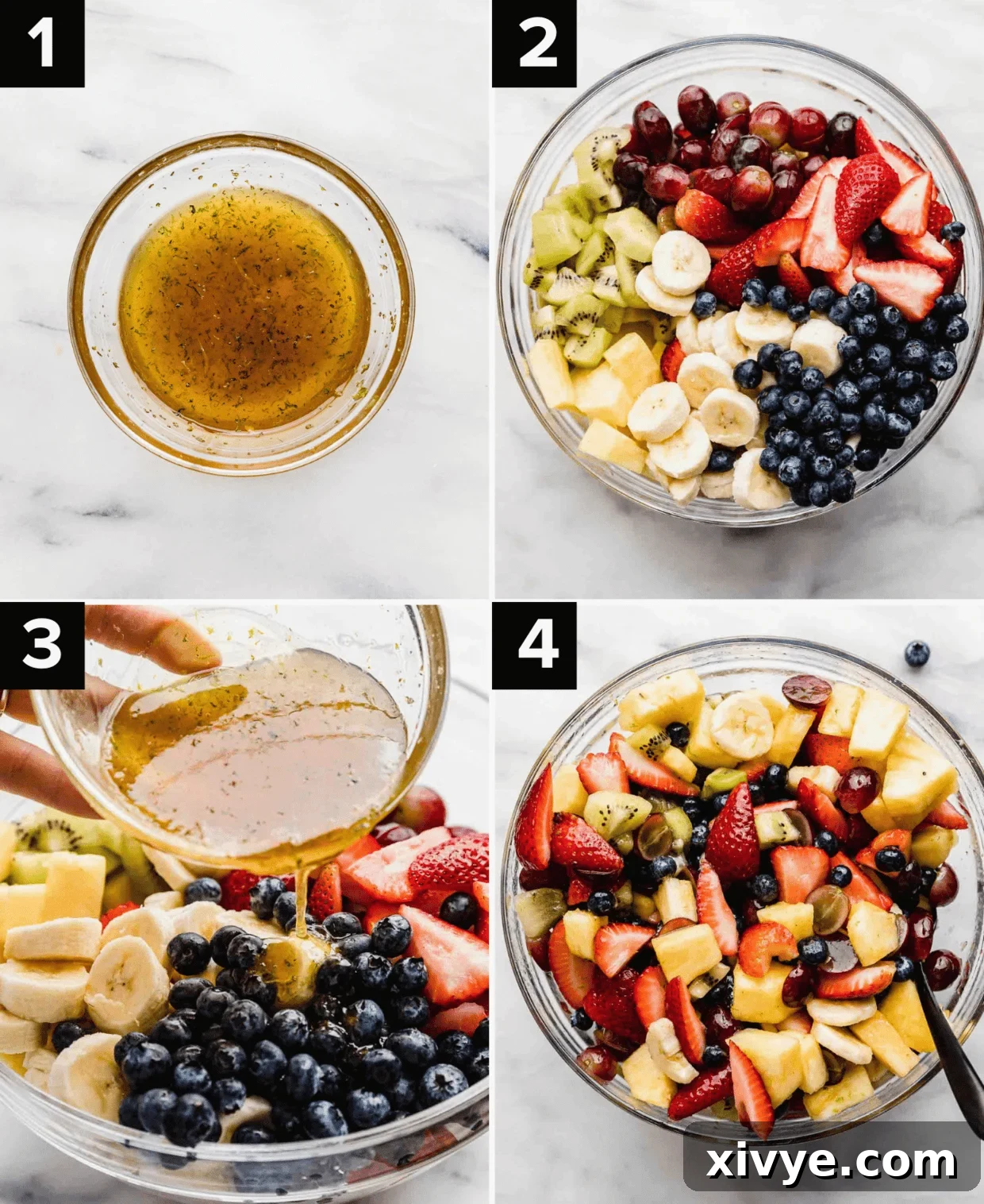 Vibrant Fruit Fusion 4 A four-panel image demonstrating the process of making a Fruit Cocktail salad with honey lime dressing, from preparing ingredients to the final mix.