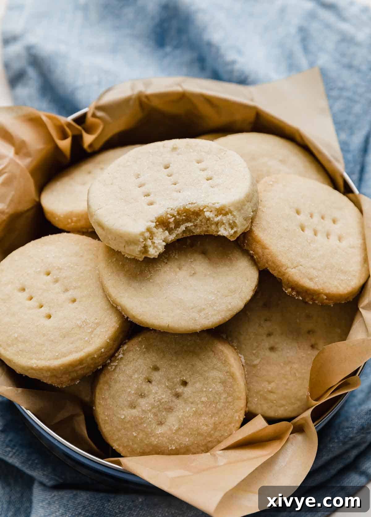 A perfectly round shortbread cookie with a light sugar topping, resting in a vintage round tin. A bite has been taken out of one of the cookies, revealing its tender, buttery interior.