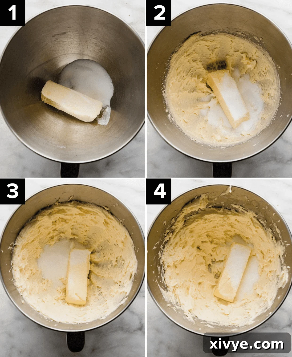 A four-panel image showing the progression of creaming butter and sugar for shortbread cookies in a silver stand mixer bowl. The mixture gradually lightens and fluffs up with each addition.
