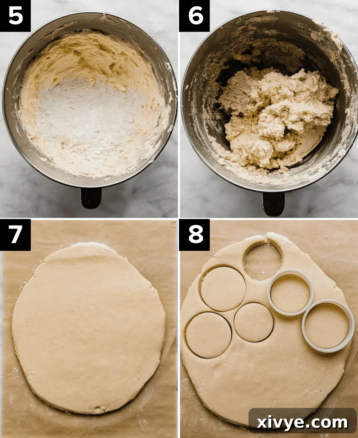 A four-panel photo series illustrating the shortbread making process: top left shows creamed butter, sugar, and flour; top right features soft shortbread cookie dough; bottom left displays rolled-out shortbread dough; bottom right captures a round cutter shaping cookies from the dough.
