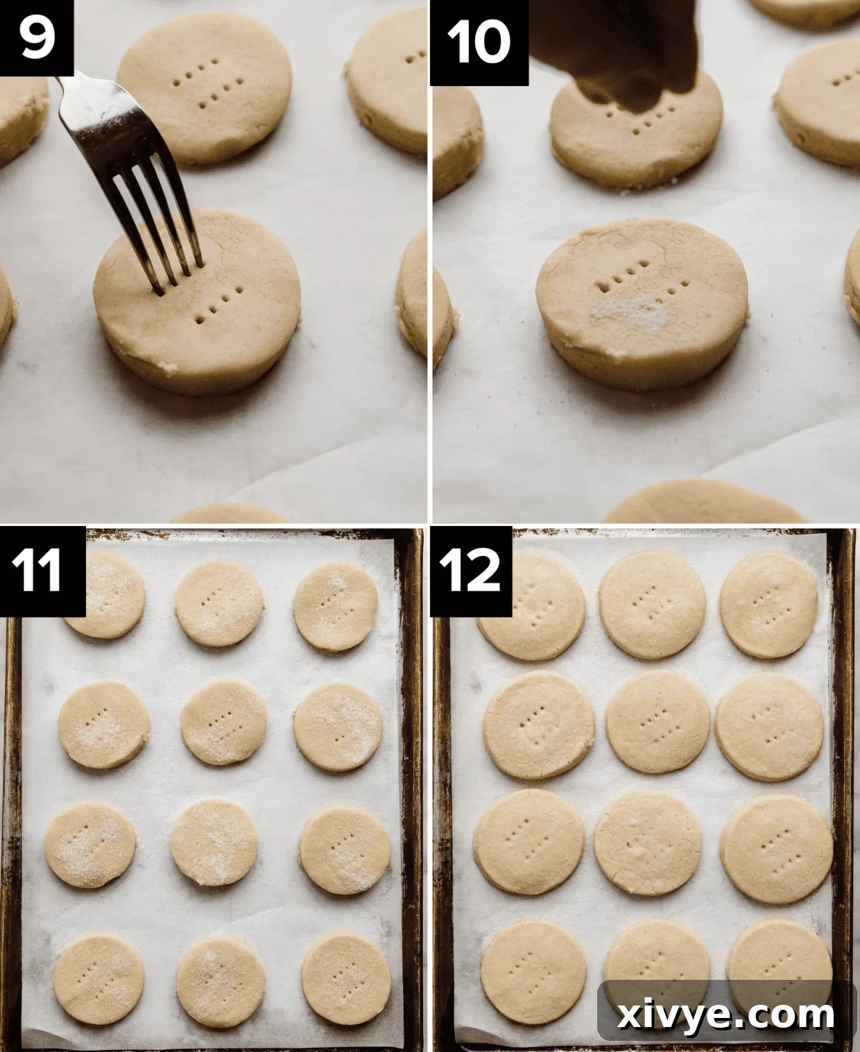 A dynamic four-panel photo collage showcasing the final steps of making Grandma's Shortbread Cookies: top left shows a fork gently poking a cookie; top right features sugar being sprinkled over the cookies; bottom left displays unbaked shortbread cookies neatly arranged on a baking sheet; bottom right presents a baking sheet filled with golden-brown, freshly baked shortbread cookies.