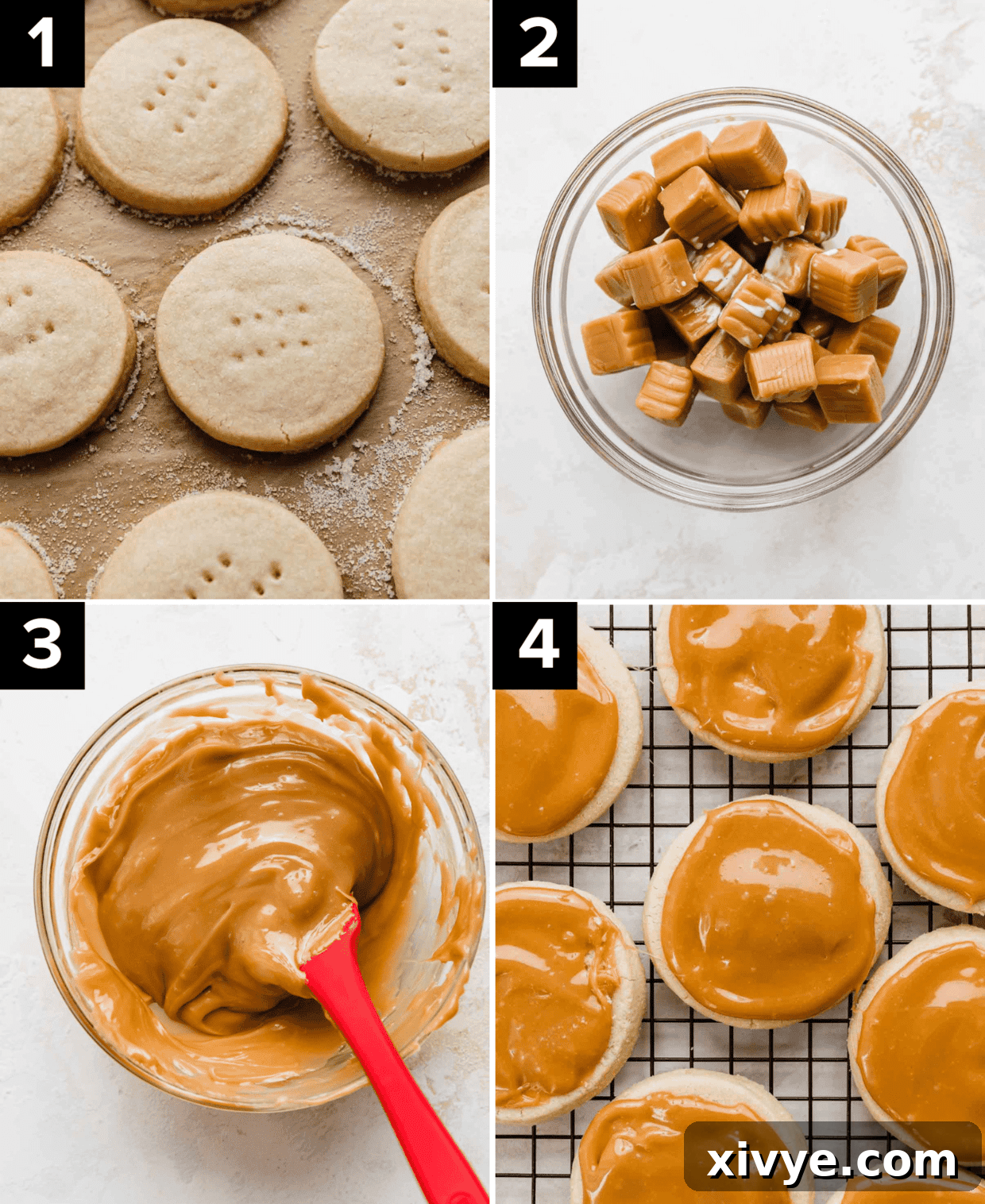 Four images showing how to make Twix Cookies, top left is shortbread cookies on parchment paper, top right is glass bowl filled with unwrapped caramels, bottom left is smooth caramel in glass bowl, bottom right is caramel topped shortbread cookies.