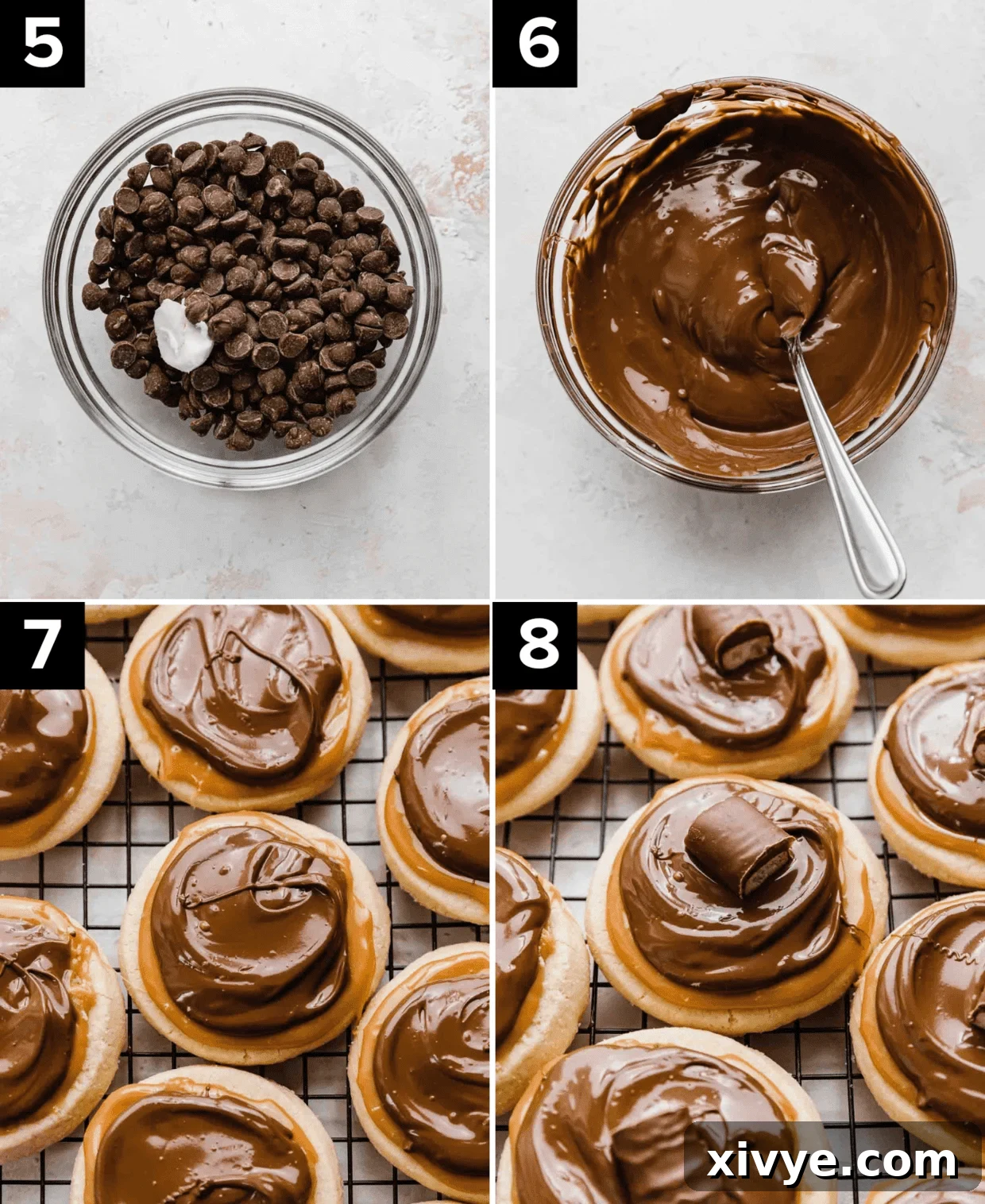Four images showing how to make Twix Cookies, top left is chocolate chips in glass bowl, top right tis melted chocolate in glass bowl, bottom left is caramel and chocolate topped shortbread cookies, bottom right is mini Twix bar topped on Twix cookies.