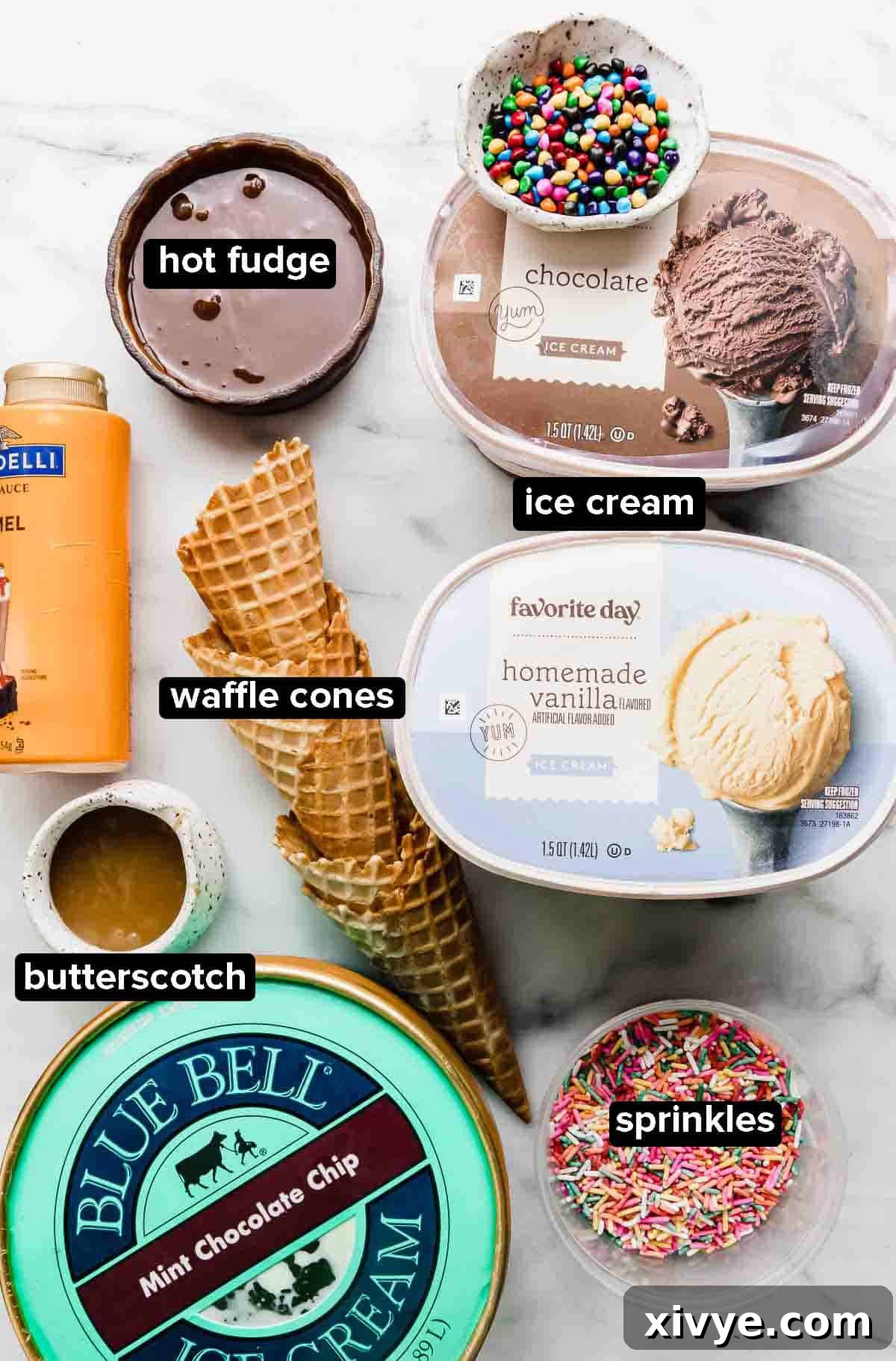 Ice Cream Nachos ingredients on a white background: waffle cones, 3 ice cream flavors (vanilla, chocolate, mint) and toppings such as hot fudge, caramel, butterscotch, sprinkles.