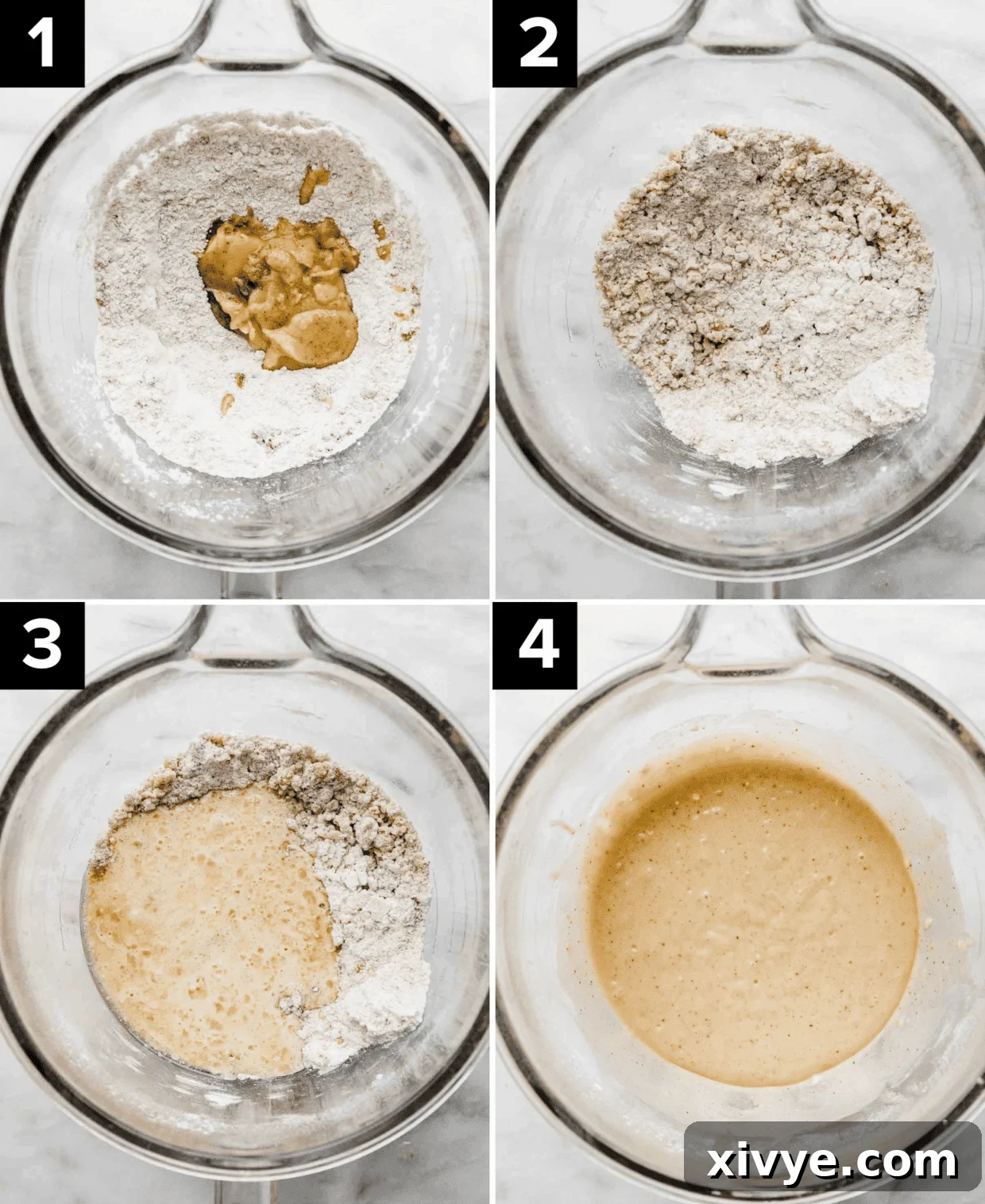 Golden Butterscotch Delights 5 Four images showing a glass stand mixer bowl with flour and brown butter and other wet ingredients being added in segments to create a Butterscotch Cupcake batter.