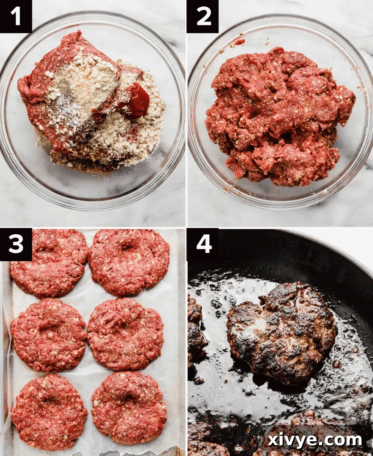 Signature Steakhouse Burgers 4 Four images showing how to make Steakhouse Burgers, top left is ground beef with seasonings, top right image is everything combined, bottom left is 6 raw steakhouse burger patties on a baking sheet, bottom right is a Steakhouse Burger cooking on a skillet.