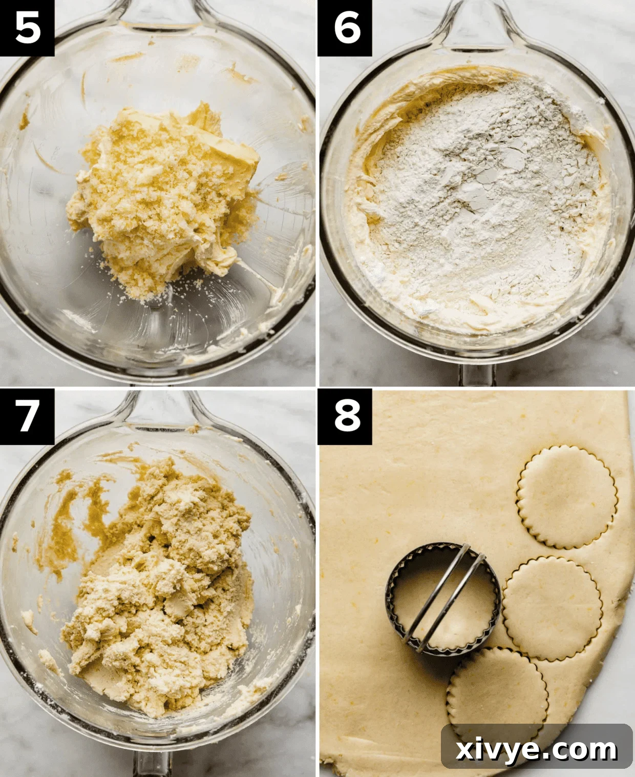 Four sequential images showing Lemon Shortbread Cookie dough preparation: top left displays creamed butter and sugar; top right shows dry flour mixture being added; bottom left shows the mixed cookie dough in a glass bowl; bottom right captures the dough rolled out with a round cookie cutter in place.