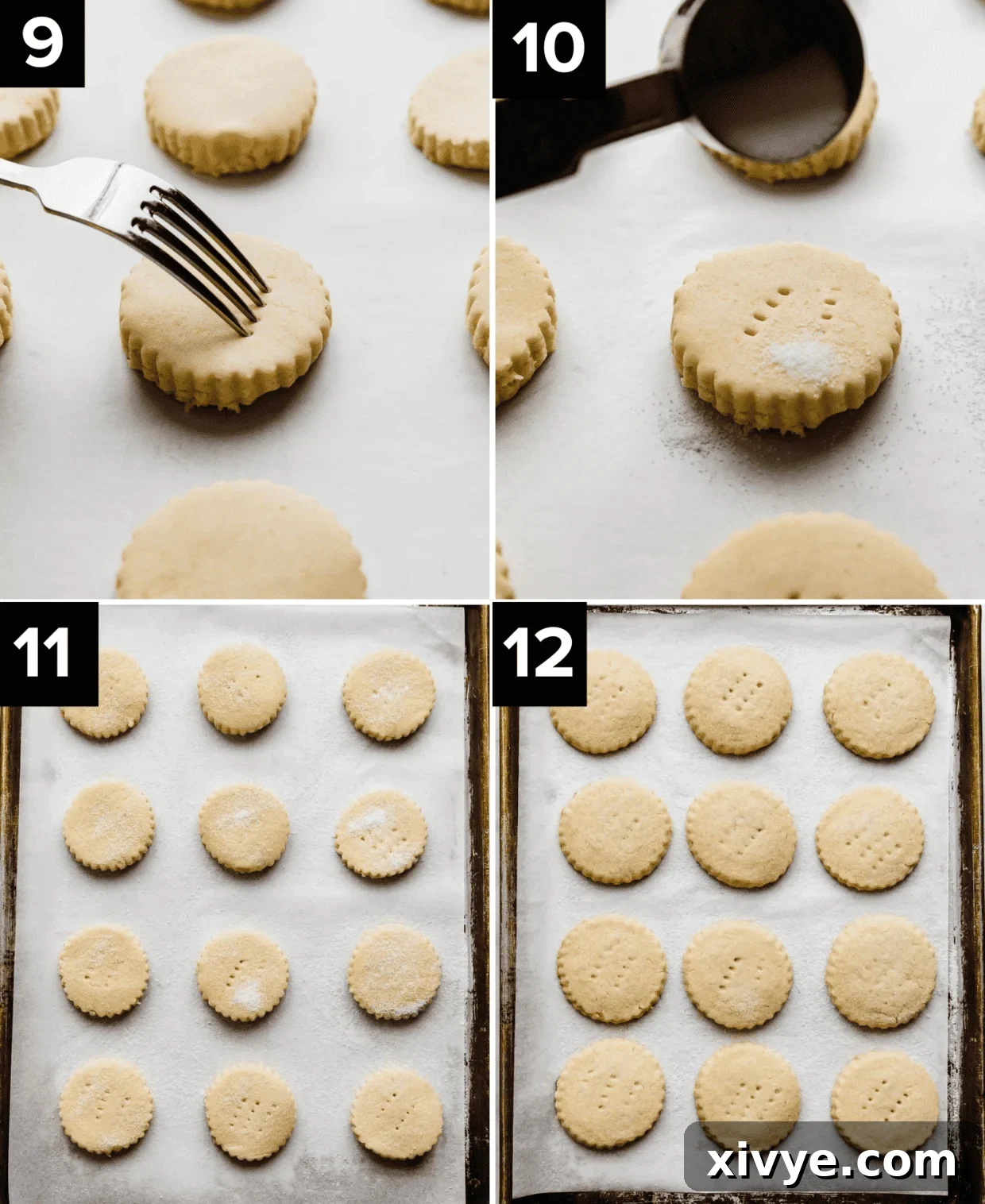 Four images illustrating the final steps of making Lemon Shortbread Cookies: top left shows a fork piercing a cookie; top right shows sugar sprinkled over cookies; bottom left shows unbaked cookies on a baking sheet; bottom right shows freshly baked lemon biscuits on a baking sheet.