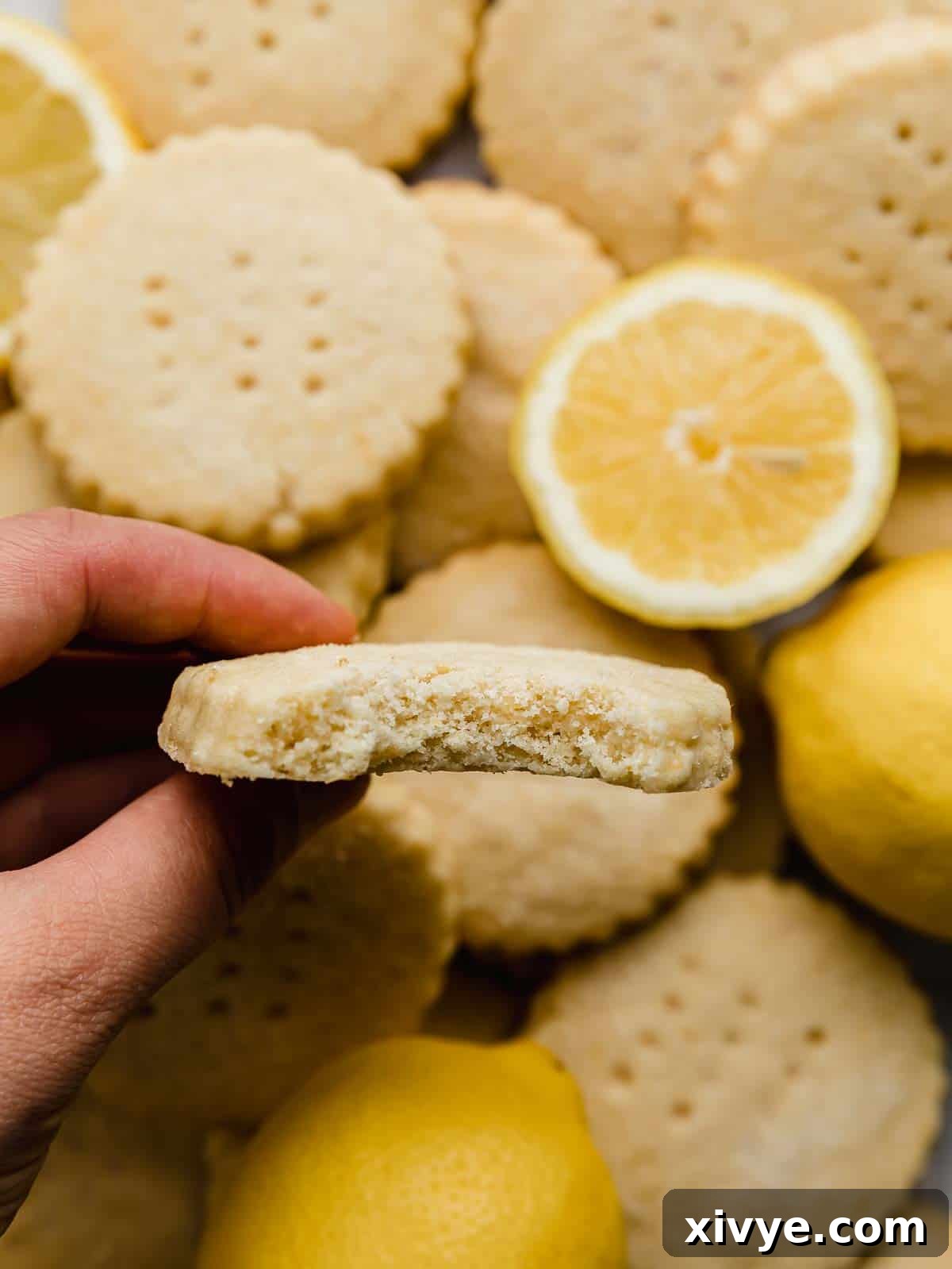 A hand holds a baked Lemon Shortbread Cookie, with additional cookies and sliced lemons blurred in the background, emphasizing the cookie's texture and fresh lemon flavor.