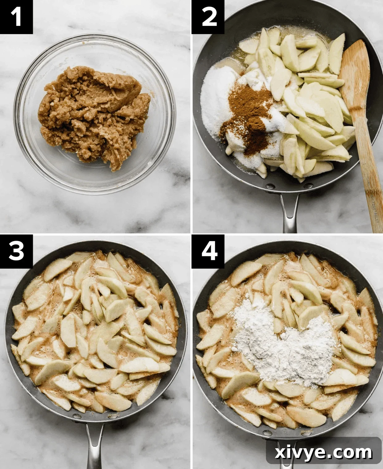 Autumn Apple Pie Graham Cracker Crunch 5 A series of four images illustrating the process of making the easy apple pie filling in a large skillet, from fresh apples to cooked, thickened filling.