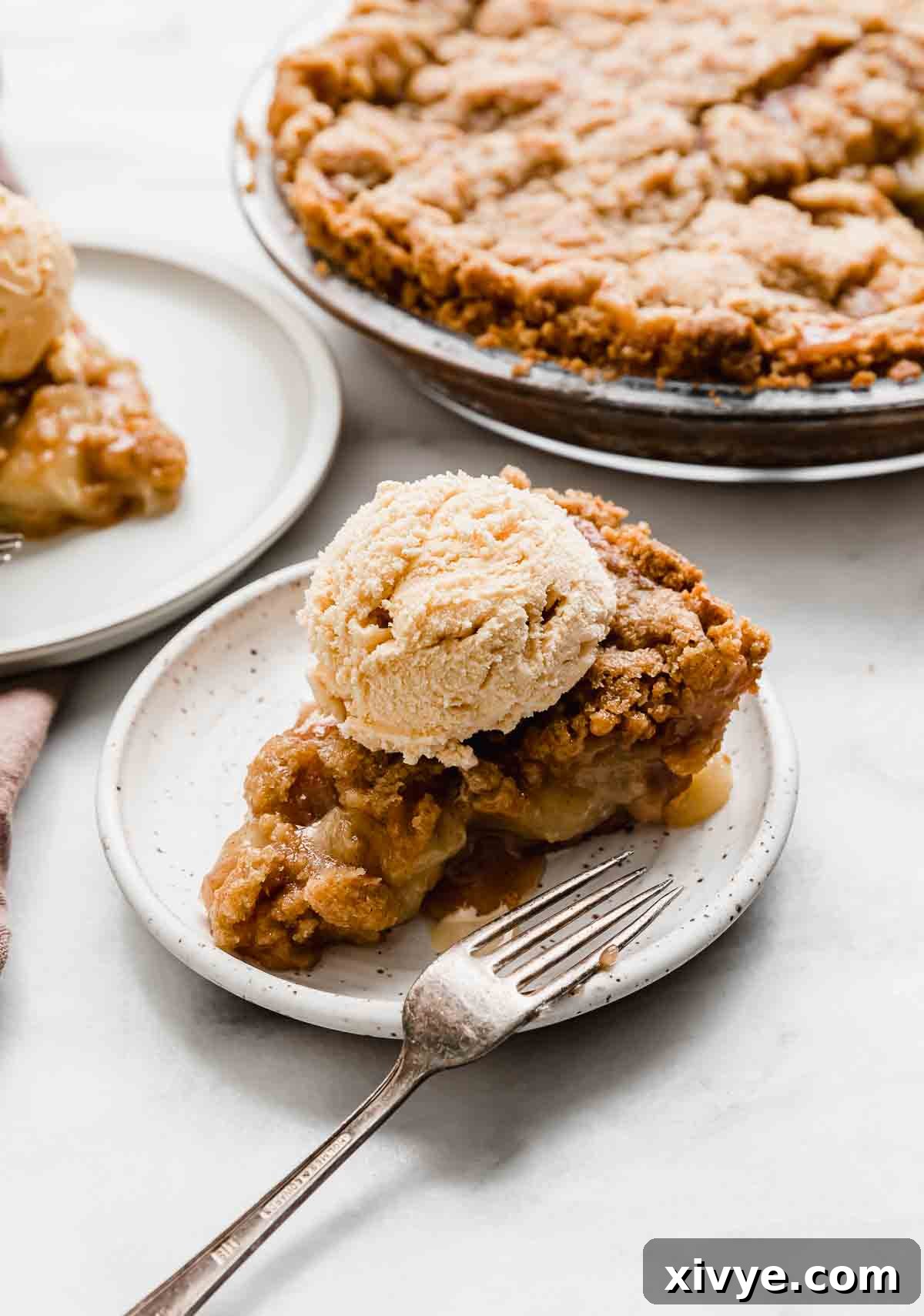 Autumn Apple Pie Graham Cracker Crunch 8 A delightful slice of Apple Pie baked on a Graham Cracker Crust, topped generously with a scoop of creamy vanilla ice cream, presented on a white plate.