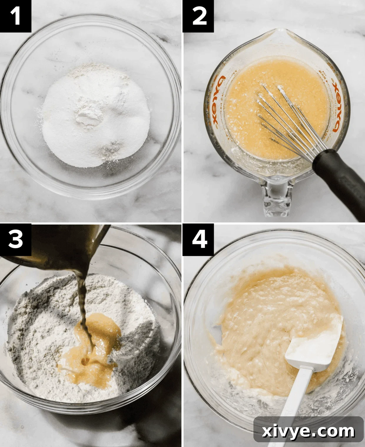 Bite-Sized Delights 5 Glass bowl with vanilla Mini Cupcakes batter in it on a white background.