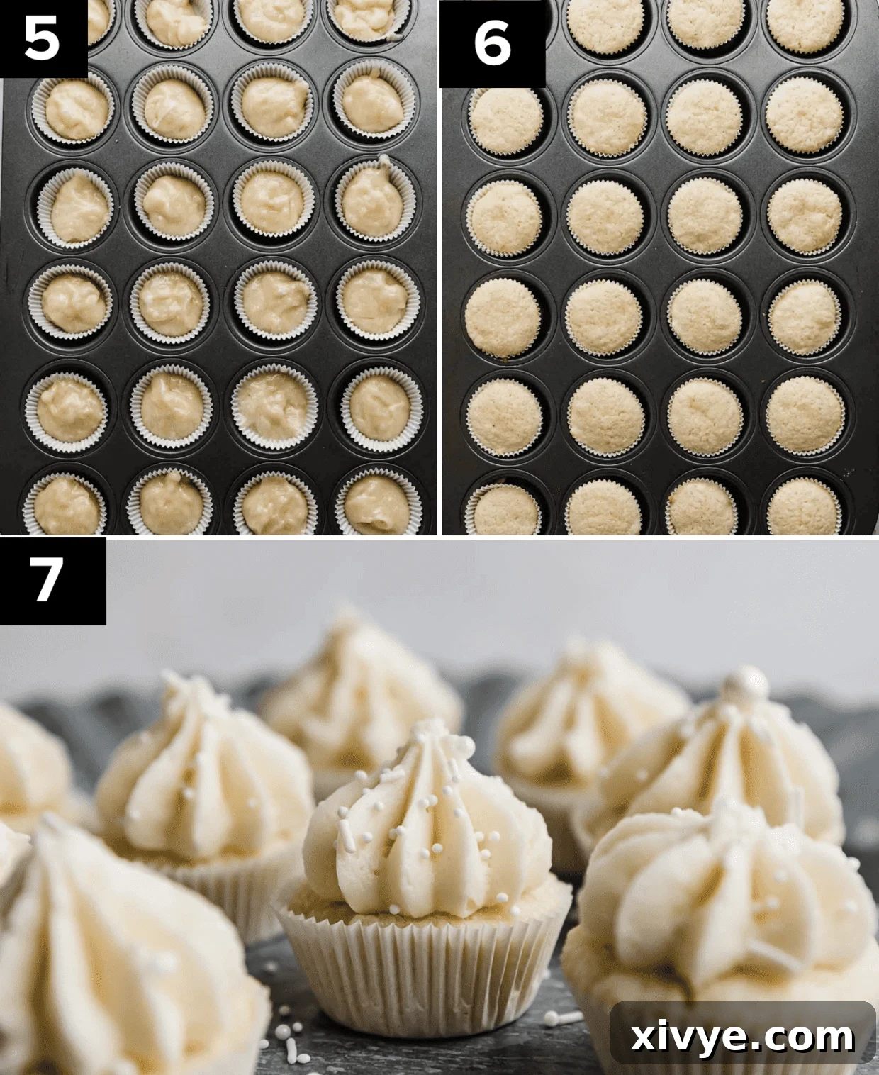 Bite-Sized Delights 6 Three images, top left image is unbaked Mini Cupcakes in a mini cupcake tin, top right photo is baked mini vanilla cupcakes, bottom photo is frosted Mini Cupcakes.