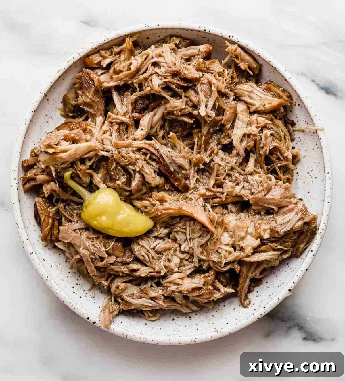 Shredded pork roast on a white pasta plate.