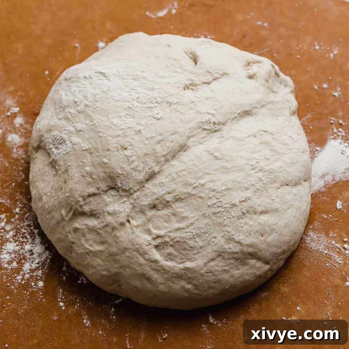 Restaurant Quality Pizza Dough Made Easy at Home 5 A perfectly formed ball of homemade pizza dough resting on a textured brown background, ready for shaping.