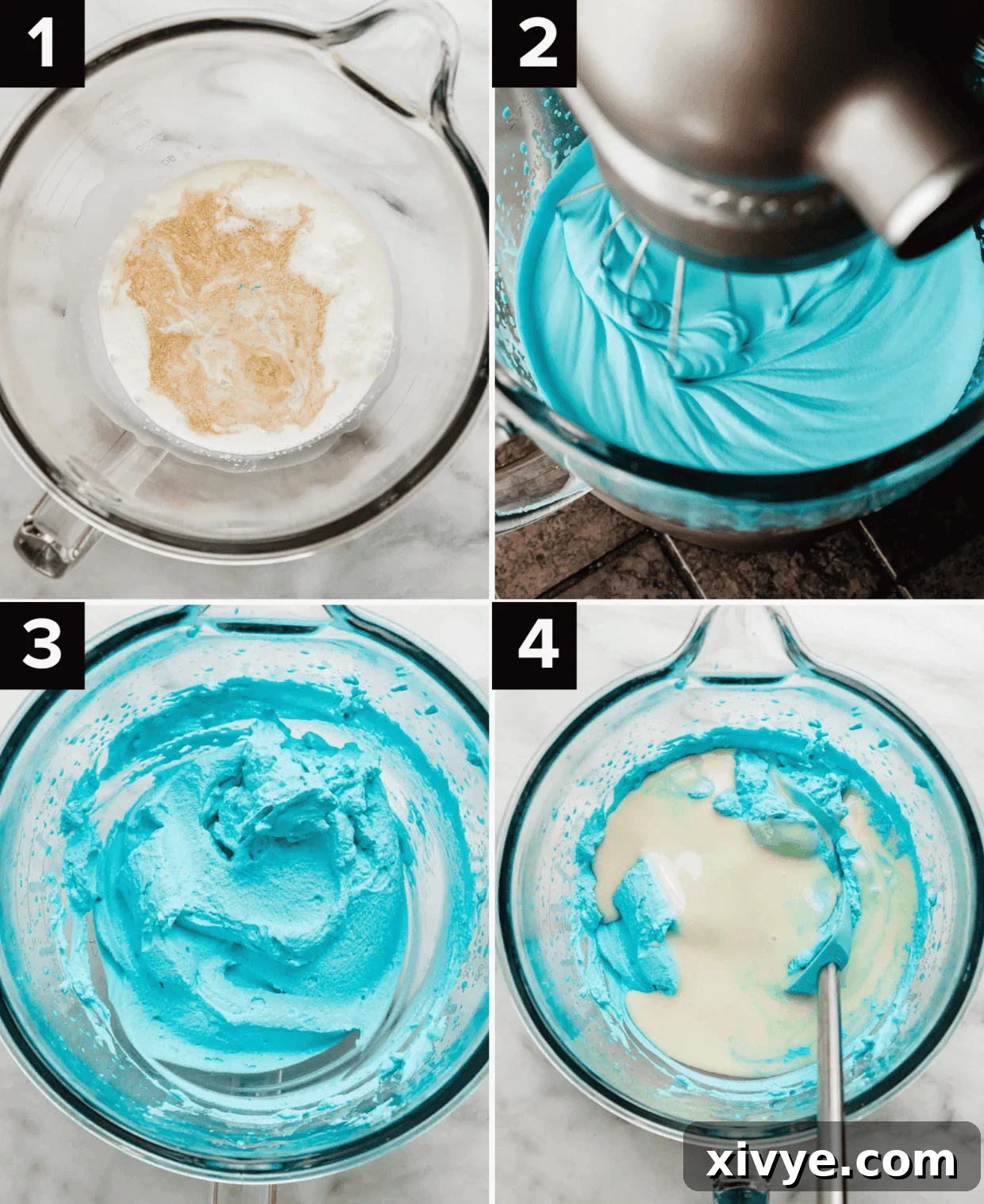 A composite image showing the initial stages of making Cookie Monster Ice Cream. Top left displays cold heavy cream in a clear glass bowl, ready for whipping. Top right captures the vibrant blue heavy cream being vigorously whipped in a stand mixer. Bottom left shows the perfectly whipped blue cream in a mixing bowl. Bottom right features sweetened condensed milk being gently folded into the blue whipped cream, illustrating the creamy base formation.